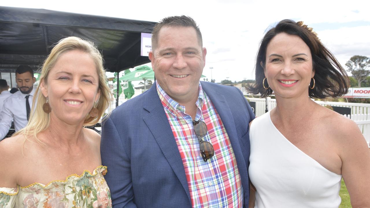 Kristy Bell, Dan Dreger and Bec Wheelhouse at the 2023 Audi Centre Toowoomba Weetwood race day at Clifford Park Racecourse.