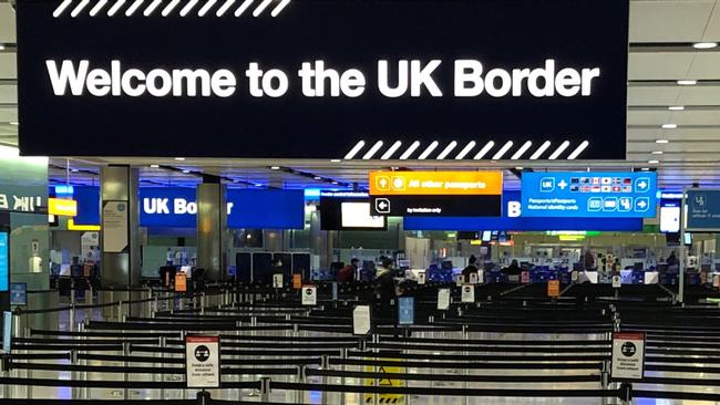 A UK border sign welcomes passengers on arrival at Heathrow Airport. Picture: Ben Fathers / AFP