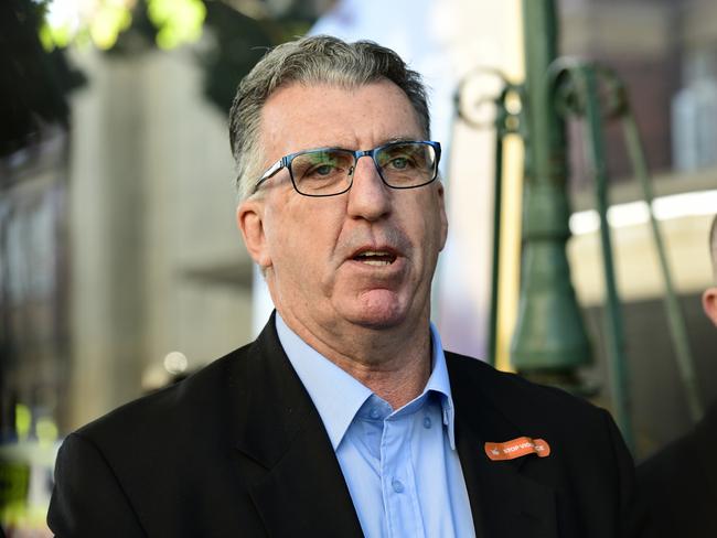 Health Services Union (HSU) secretary Gerard Hayes speaks to the media during a rally outside the Royal Prince Alfred Hospital in Sydney, Thursday, August 1, 2019. NSW public hospital workers including paramedics, allied health and security staff plan to strike for four hours as they fight for increased hospital security. (AAP Image/Bianca De Marchi) NO ARCHIVING