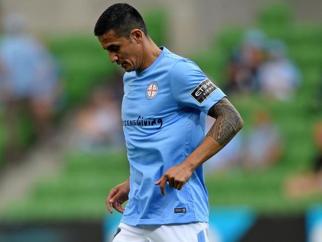Tim Cahill of Melbourne City is seen during the warm-up session before the round 8 A-League match between Melbourne City FC and Perth Glory at AAMI Park in Melbourne, Friday, November 24, 2017. (AAP Image/Joe Castro) NO ARCHIVING, EDITORIAL USE ONLY
