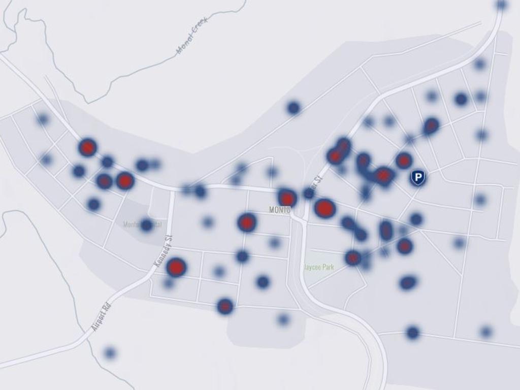 A crime heat map of Monto from September 1 2018 to August 31 2020. Picture: Queensland Police Service