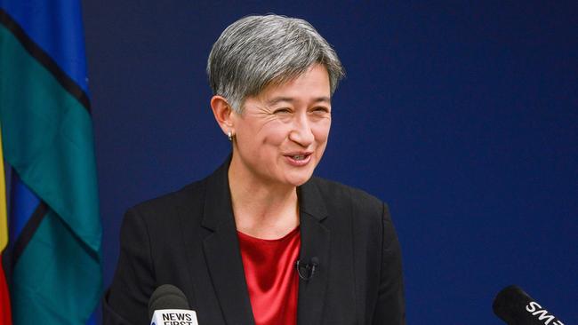 Penny Wong speaks to reporters. Picture: NCA NewsWire / Brenton Edwards