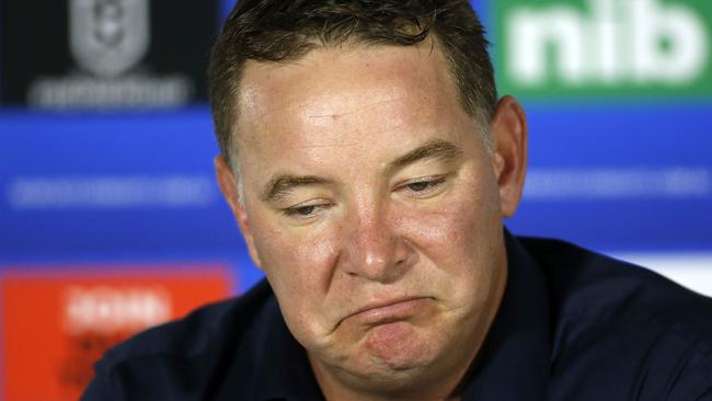 Knights coach Adam O'Brien at the post match press conference after the Round 5 NRL match between the Newcastle Knight and the Melbourne Storm at Central Coast Stadium in Gosford, Saturday, June 13, 2020. (AAP Image/Darren Pateman) NO ARCHIVING, EDITORIAL USE ONLY