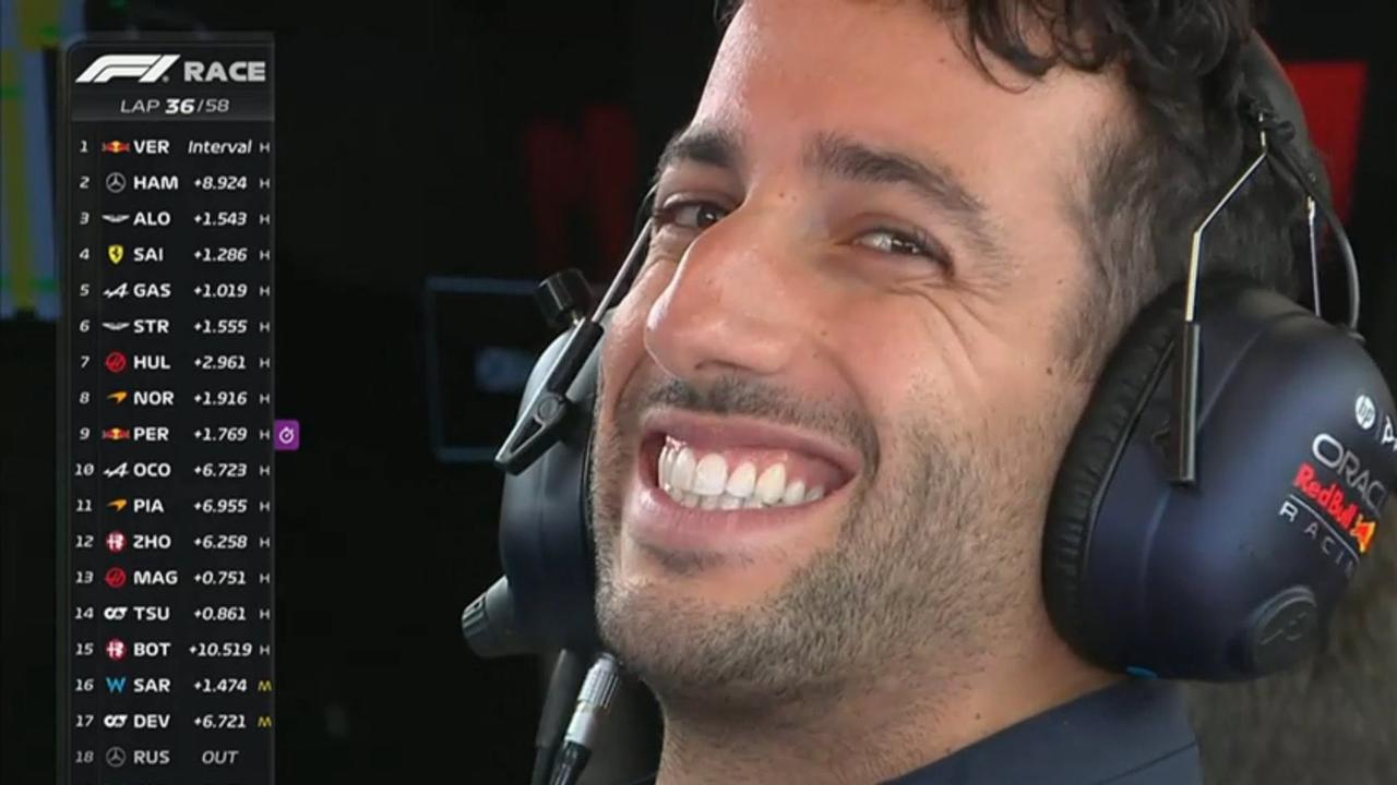 Not exactly Daniel Ricciardo's most winning smile in the middle of the Aussie Grand Prix. Photo: Fox Sports.