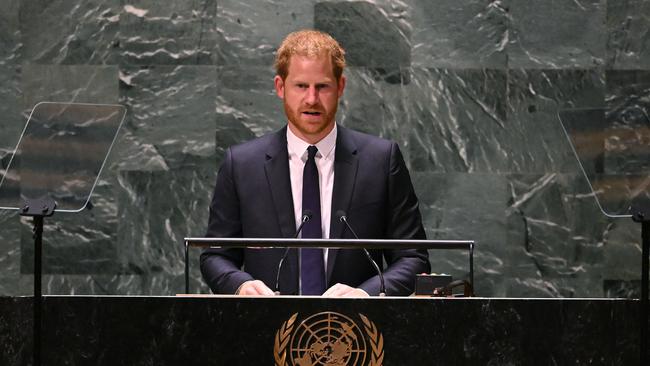 Prince Harry delivers the keynote address during the 2020 UN Nelson Mandela Prize award ceremony at the United Nations in New York. Picture: Timothy A. Clary / AFP