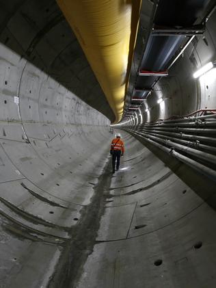 Underground in the North West Rail Link tunnel near Bella Vista. The North West Rail Link is underway and TBM Elizabeth has cut through 1092metres of earth travelling East from Bella Vista. Picture: Bradley Hunter