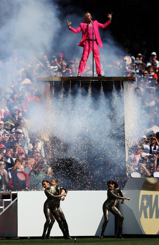 Robbie Williams takes the AFL Grand Final to new heights. Picture: Mark Stewart