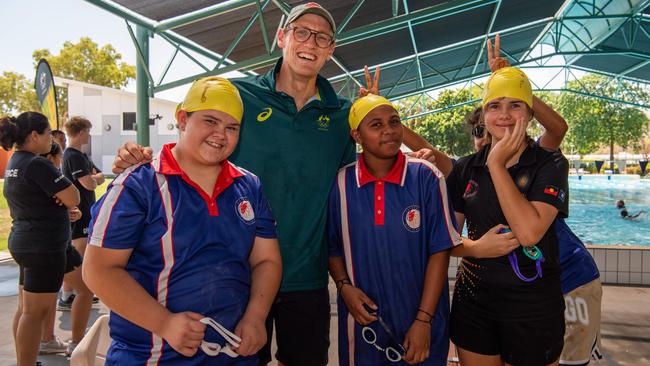 Lawkatah Williams, Mack Horton, Laura Douglas and Hunter Rosewood as Olympians and scholarship coaches run training sessions for Katherine youth at RAAF Base Tindal. Picture: Pema Tamang Pakhrin