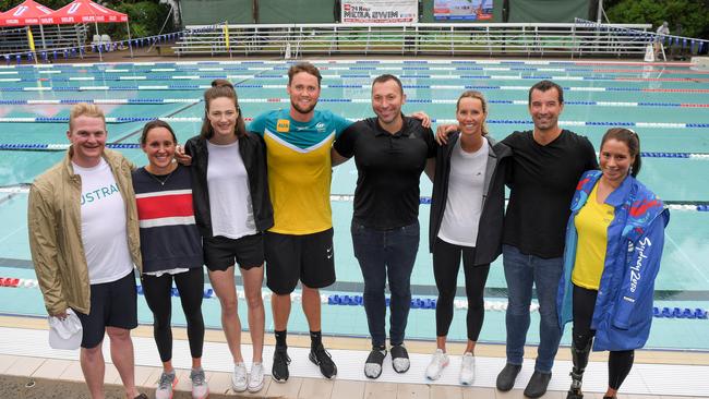 Ian Thorpe AM joined a host of Australian swimming stars for a charity swimming clinic at Wollongong University Aquatic Centre. (L to R) Jarrod Poort, Jess Hansen, Cate Campbell OAM, David McKeon, Ian Thorpe AM, Emma McKeon, Jason Cram and Monique Murphy. All proceeds from the clinics will be donated to the NSW Rural Fire Service and Red Cross. (News Corp/Simon Bullard)