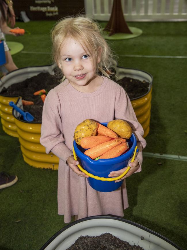 Willow Chapman 4yo enjoys the Little Backyaed Farmers. Toowoomba Royal Show. Saturday, April 1, 2023. Picture: Nev Madsen.