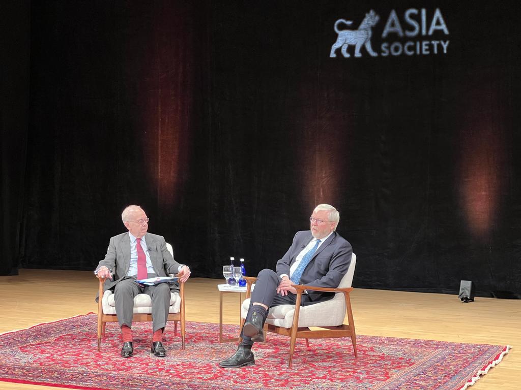 Kevin Rudd speaking at the Asia Society in New York, pictured with Daniel Russel. Picture: Supplied