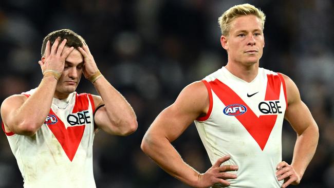 Tom Papley and Isaac Heeney after Sydney’s latest defeat. Picture: Quinn Rooney/Getty Images