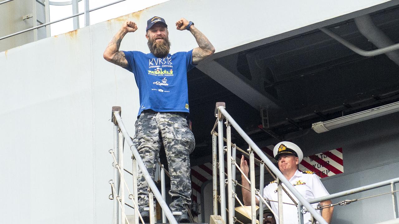 Lithuanian rower Aurimas Mockus leaves the ship. Picture: Jeremy Piper