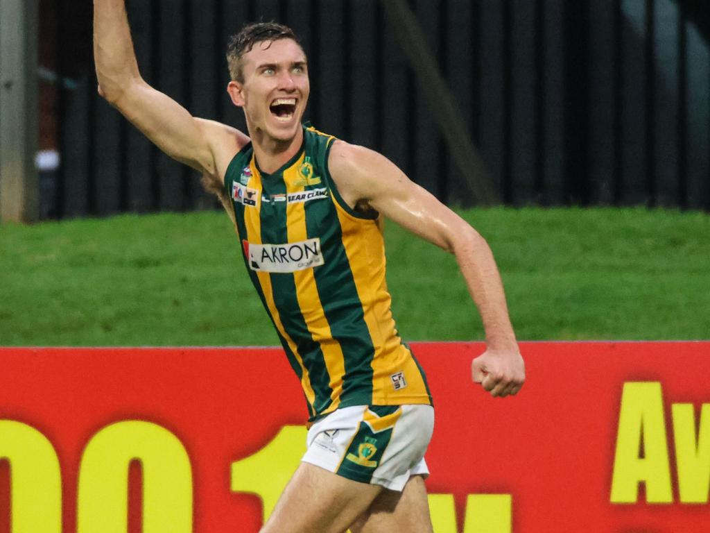 Matt Ryan celebrates a goal for PINT against the Darwin Buffaloes in Round 15 of the 2022-23 NTFL season. Picture: Celina Whan / AFLNT Media