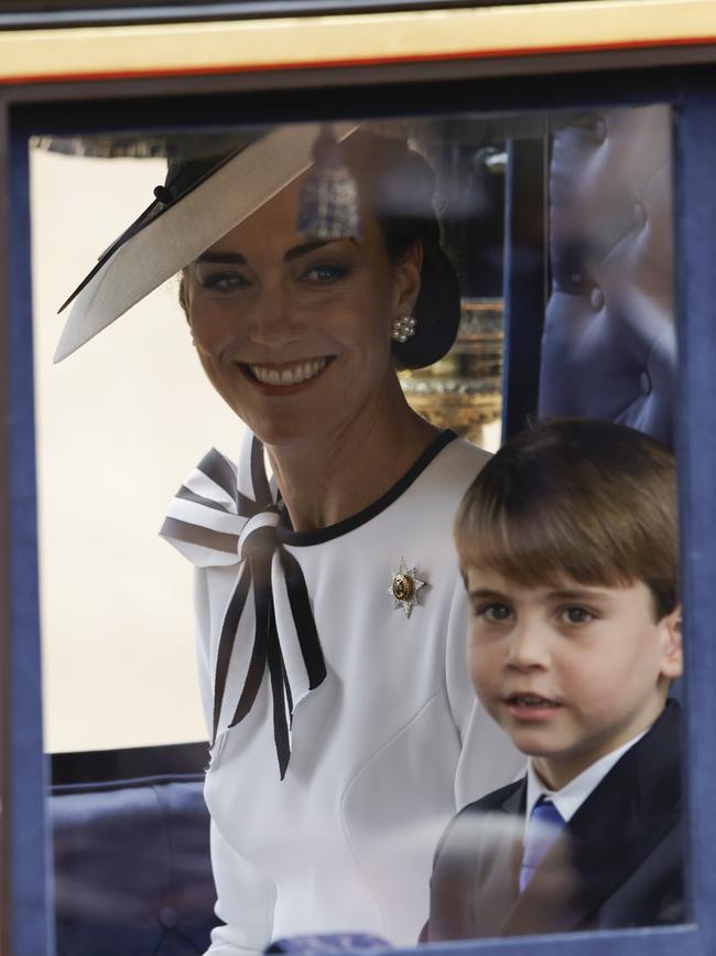 Catherine and Prince Louis of Wales in the glass state coach during Trooping the Colour at Horse Guards Parade. Picture: Getty Images.