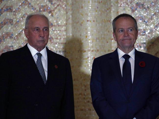 Opposition Leader Bill Shorten and former Prime Minister Paul Keating at the Remembrance Day service at the Australian War Memorial in Canberra, to commemorate the centenary of the Armistice that ended the First World War, one hundred years ago on 11 November 1918. Thousands turned out to pay their respects at the Australian War Memorial in Canberra.Almost 62,000 Australians died fighting for our freedom and in service of our nation. Picture Gary Ramage