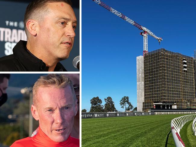 Construction work at Eagle Farm has created a rift between jockeys and trainers, with Jim Byrne (bottom left) and Tony Gollan sharing a heated conversation at Doomben on Tuesday. Pictures: File