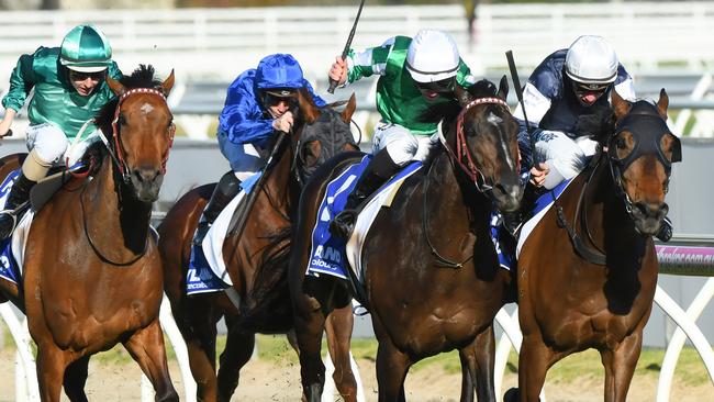 Homesman (right) holds off Tosen Basil in the Underwood Stakes. Picture: Getty Images