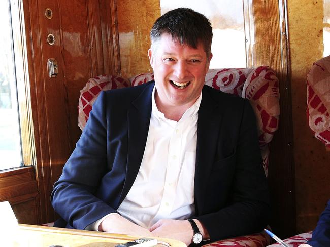 James Prichard, the great-grandson of Agatha Christie, aboard the Orient Express. Picture: Joe Pepler/20th Century Fox via AP