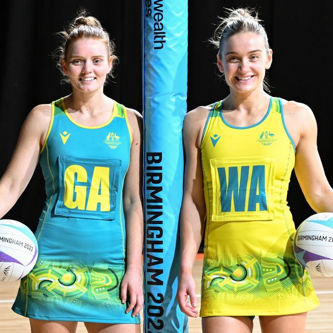 Then Diamonds vice-captain Steph Wood and with captain Liz Watson before the 2022 Commonwealth Games. Picture: Sue McKay, Kick It To Me Photography for Netball Scoop