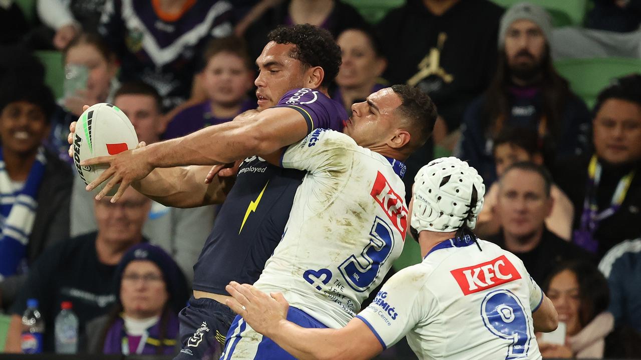 Xavier Coates was involved in yet another stunning try, somehow getting a kick away before being bundled into touch to put Reimis Smith over. Picture: Getty Images