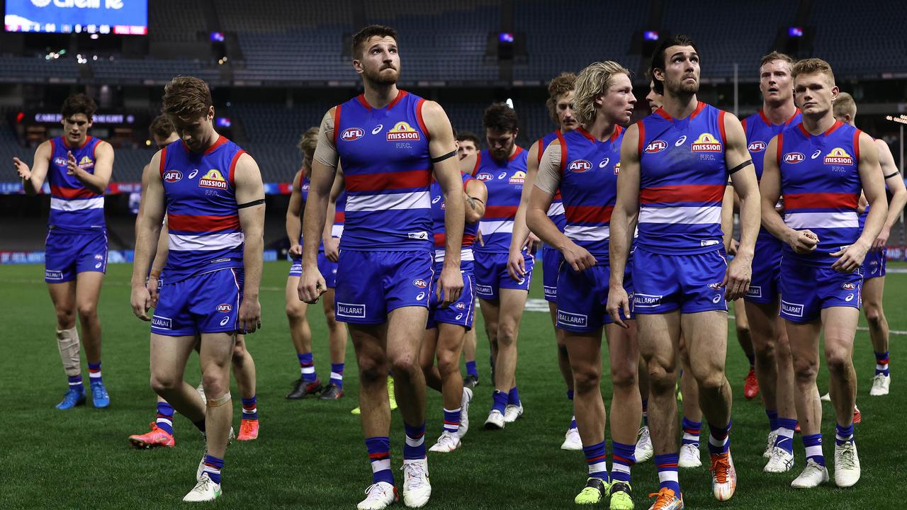 Bulldog Marcus Bontempelli leads his team off after the Dogs lost by 2 points to Port Adelaide. Picture: Michael Klein.