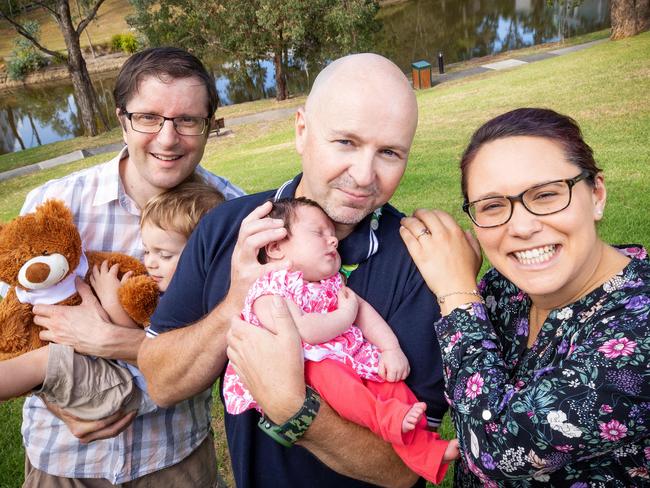 ESTA call-taker Nick Smith helped parents Jarrod and Emma Hill deliver baby Moama, also pictured big brother Toby, 2. Picture: Mark Stewart