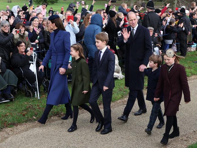 The Prince and Princess of Wales with their children and Mia Tindall at the royal Christmas service. AFP