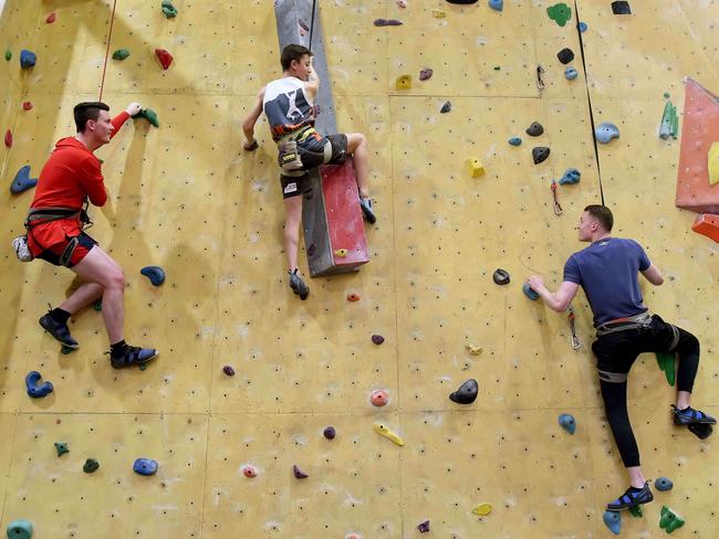 NewsLocal reporters (L) Jake McCallum and (R) John Besley joining Hugo on the wall. Sport climbing will be debuting at the Tokyo Olympic Games in 2020.