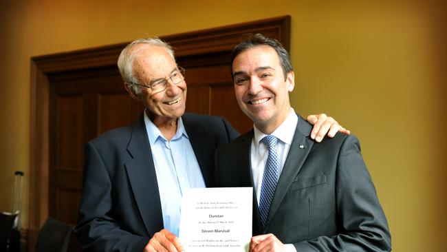 Premier Steven Marshall with his late father, Tony Marshall after the 2014 state election. Picture: Tricia Watkinson.