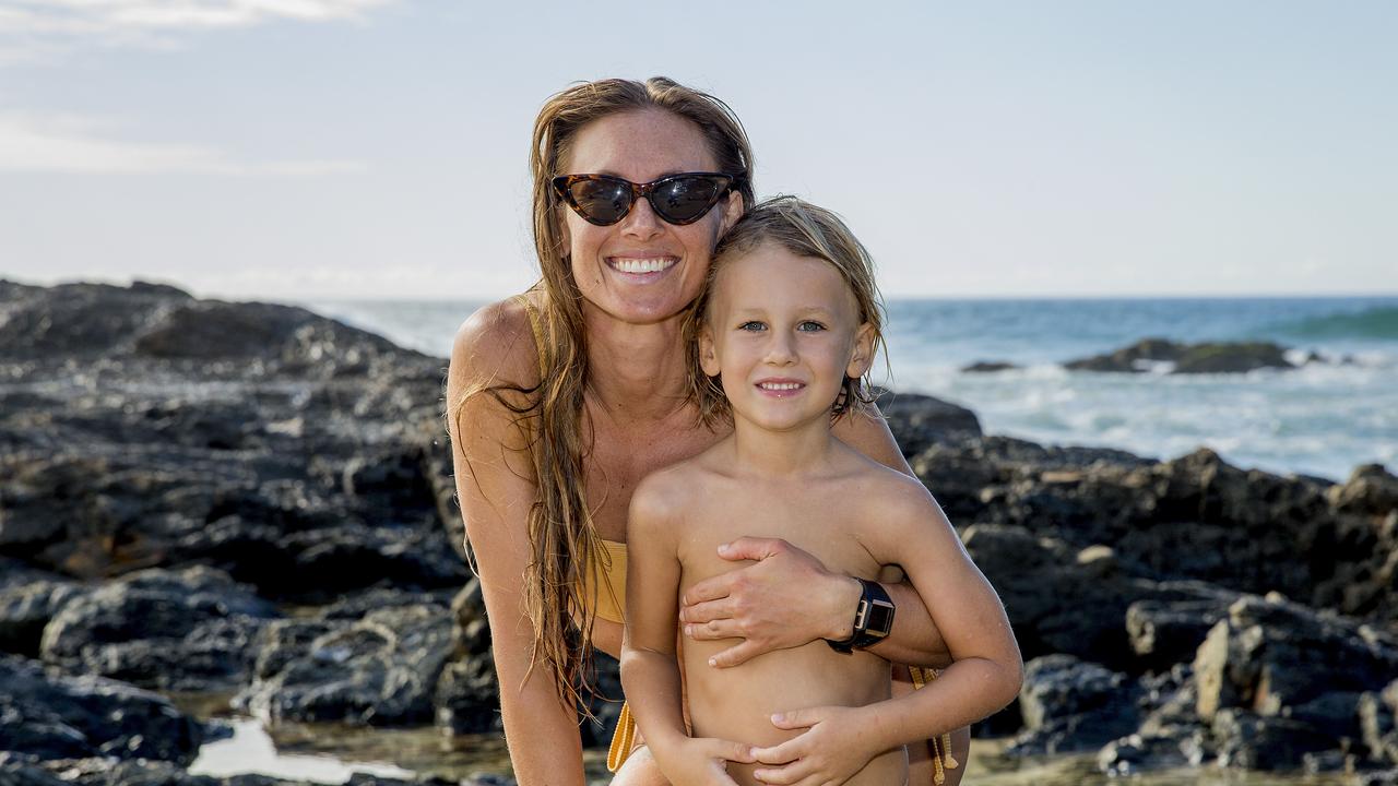 Rheya Minard, Maverick Minard, 4, at Snapper Rocks. Picture: Jerad Williams