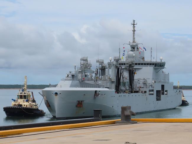 Darwin, NT, 29/1/25: French Navy supply ship Jacques Chevallier arrives in Darwin as part of Frances Clemenceau mission in the   Indo Pacific. Picture: Fia Walsh.