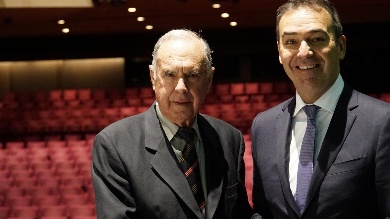 Former premier Steele Hall with former premier Steven Marshall at the Adelaide Festival Centre for a 90th birthday lunch for Mr Hall. Supplied