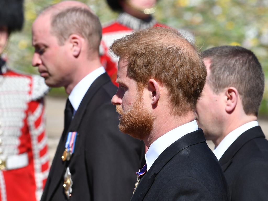 The rift between William and Harry was on show at Prince Philip’s funeral as they did not walk side by side. Picture: Mark Large-WPA Pool/Getty Images