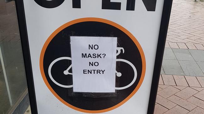 A warning sign at the front of Bicycle Galleria in Ringwood. Picture: Kiel Egging.