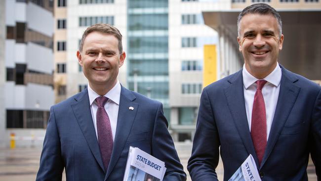 Premier Peter Malinauskas (right) and Treasurer Stephen Mullighan with the 2023 budget papers on June 15. Picture: NCA NewsWire / Emma Brasier.