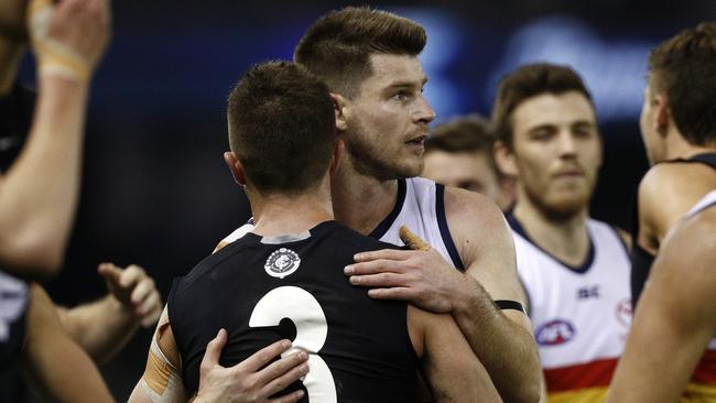 Bryce Gibbs with former Carlton teammate Marc Murphy. Picture: Daniel Pockett/AAP