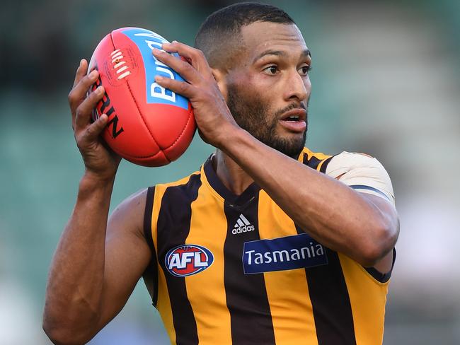 Josh Gibson of the Hawks is seen in action during the Round 8 AFL match between the Hawthorn Hawks and the Brisbane Lions at the University of Tasmania Stadium in Launceston, Saturday, May 13, 2017. (AAP Image/Julian Smith) NO ARCHIVING, EDITORIAL USE ONLY