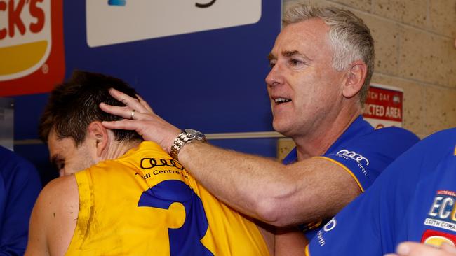 MELBOURNE, AUSTRALIA - AUGUST 20: Andrew Gaff of the Eagles and Adam Simpson, Senior Coach of the Eagles celebrate during the 2023 AFL Round 23 match between the Western Bulldogs and the West Coast Eagles at Marvel Stadium on August 20, 2023 in Melbourne, Australia. (Photo by Michael Willson/AFL Photos via Getty Images)