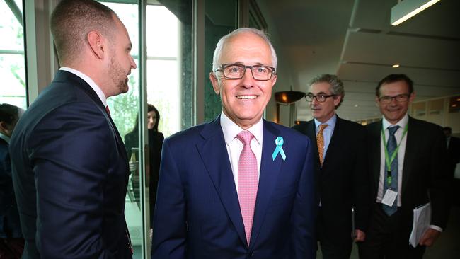 Former prime minister Malcolm Turnbull arriving at the launch of Menzies Research Centre Book - Fit for Service, with Andrew Bragg, left. Picture Kym Smith.