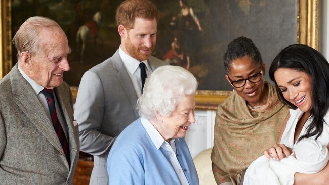 Prince Philip, Prince Harry, Queen Elizabeth II, Doria Ragland, Archie Harrison and Meghan, Duchess of Sussex. Picture: Chris Allerton/SussexRoyal/AFP  