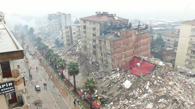 A general view shows damaged and collapsed buildings after an earthquake in Kahramanmaras, Turkey. Picture: Ihlas News Agency (IHA) via Reuters