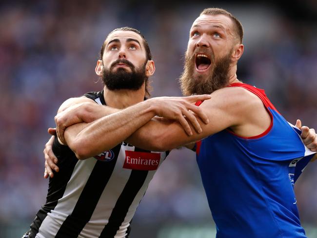 MELBOURNE, AUSTRALIA - JUNE 10: Brodie Grundy of the Magpies and Max Gawn of the Demons compete for the ball during the 2019 AFL round 12 match between the Collingwood Magpies and the Melbourne Demons at the Melbourne Cricket Ground on June 10, 2019 in Melbourne, Australia. (Photo by Michael Willson/AFL Photos via Getty Images)