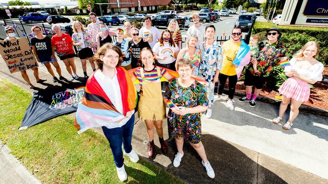 A protest outside Citipointe Christian College in Brisbhan’s Carindale on Monday. Picture: Richard Walker