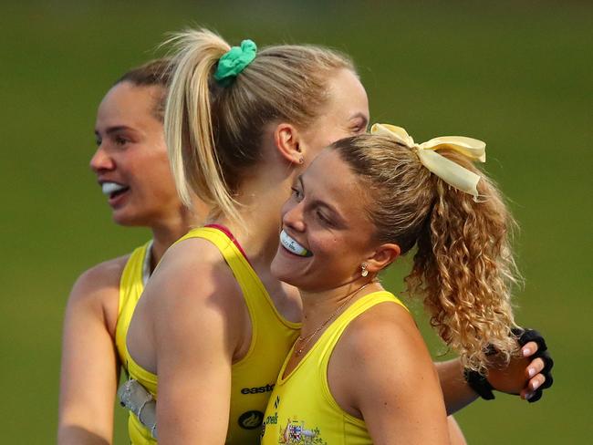 Rosie Malone celebrates a goal for the Hockeyroos.