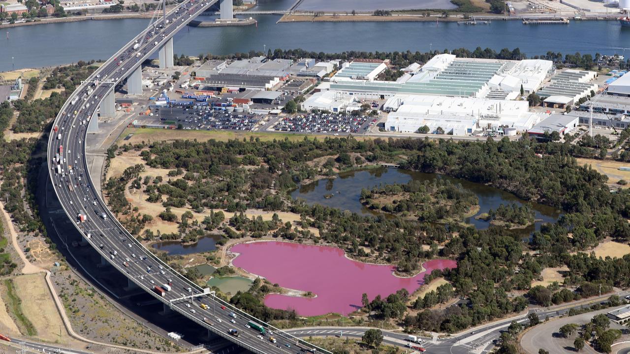 A view from the air of the lake in Westgate Park, the West Gate Bridge and the Yarra River. Picture: Alex Coppel.