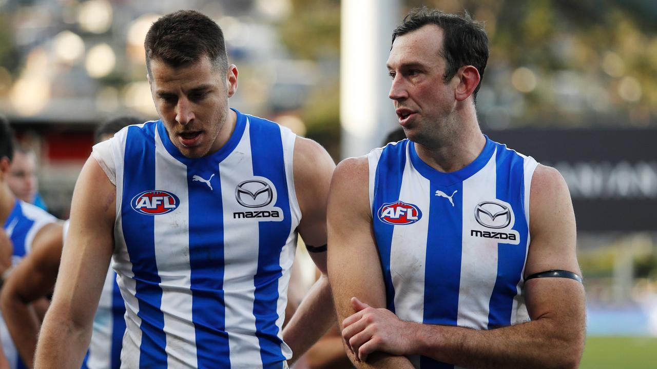 Tristan Xerri (left) and Todd Goldstein have shared North Melbourne’s ruck duties this year. Picture: Getty Images