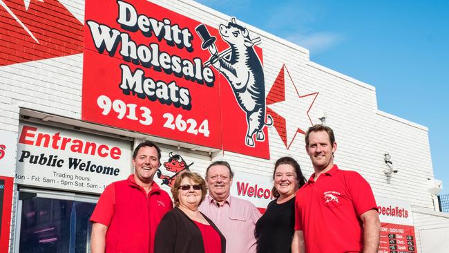 The family behind Devitt Wholesale Meats, winners of the Best Butcher on the northern beaches. (Left to right) Ben Driver, Patricia Driver, Allan Driver, Belinda Driver and Kell Driver. Picture: Supplied