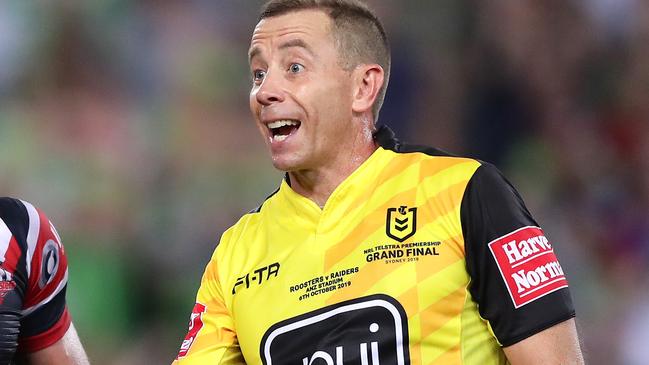 SYDNEY, AUSTRALIA - OCTOBER 06:  Referee Ben Cummins talks with Boyd Cordner of the Roosters is tackled during the 2019 NRL Grand Final match between the Canberra Raiders and the Sydney Roosters at ANZ Stadium on October 06, 2019 in Sydney, Australia. (Photo by Matt King/Getty Images)