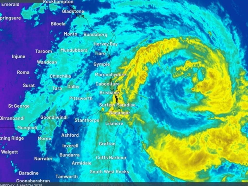 The cyclone is forecast make landfall between Maroochydore and Coolangatta on Friday afternoon. Picture: Supplied.